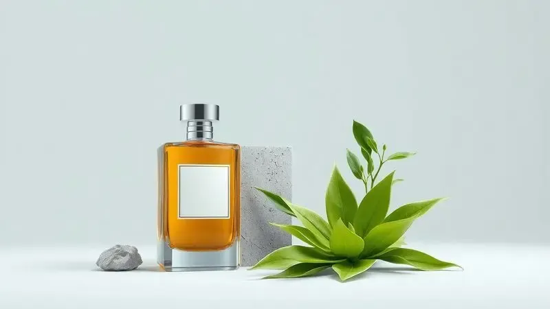 Ilustração artística de um frasco de perfume cercado por elementos conceituais como concreto e folhas verdes exóticas.