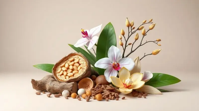 Ingredientes botânicos brasileiros como madeiras e flores exóticas dispostos de forma artística em um fundo neutro.