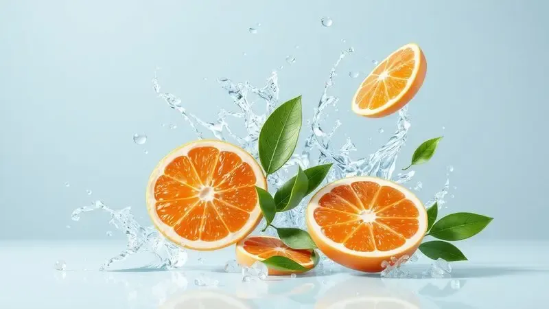 Ilustração 3D artística representando notas cítricas de toranja e frescor marinho para perfumes.