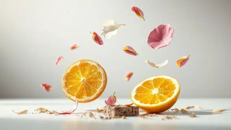 Ilustração digital realista de elementos aromáticos como pétalas de flores e raspas de madeira flutuando, representando as notas olfativas.