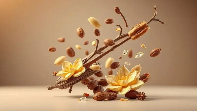 Ilustração artística de elementos botânicos e resinas representando as notas de fundo e a durabilidade do perfume.