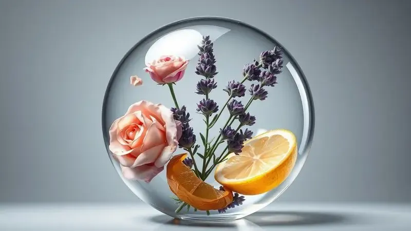 Renderização artística de flores e frutas representando as notas olfativas de um perfume francês.