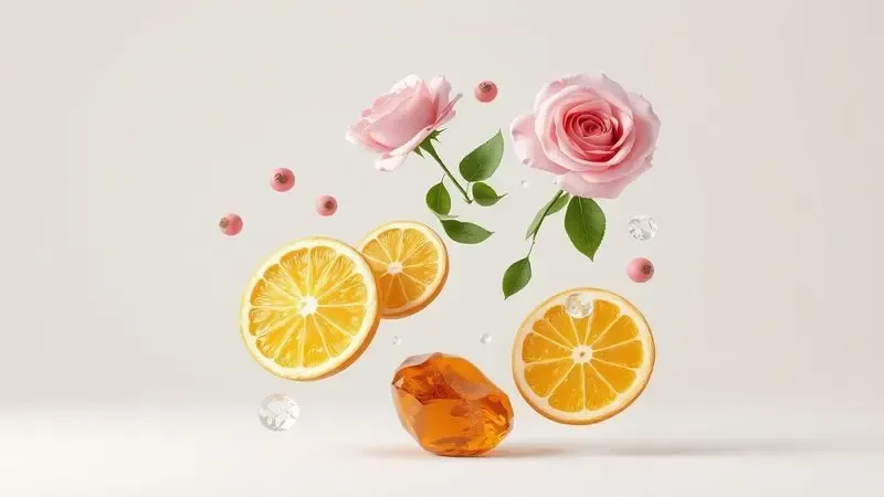 Renderização 3D artística de elementos botânicos como rosas, fatias de frutas cítricas e cristais de âmbar para ilustrar notas olfativas.