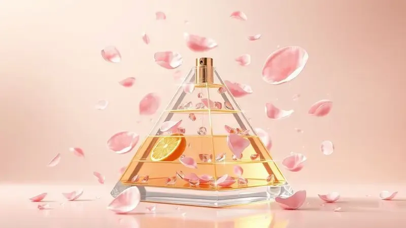 Ilustração conceitual de uma pirâmide olfativa com pétalas de flores rosas, raspas cítricas e notas doces flutuando.