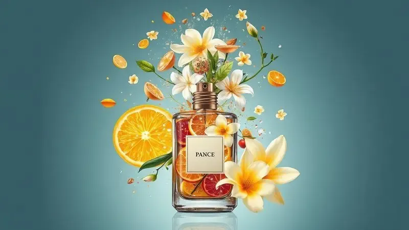 Ilustração digital artística representando notas olfativas de perfume com flores e frutas cítricas saindo de um frasco translúcido.