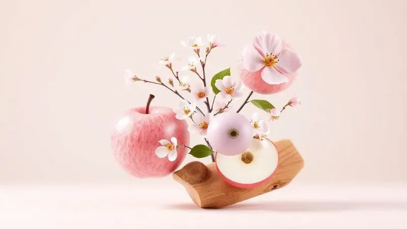 Representação artística tridimensional das notas olfativas de um perfume floral frutado com maçã e flores rosas.