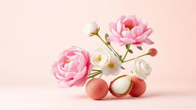 Ilustração 3D detalhada de peônias cor-de-rosa e rosas brancas representando as notas olfativas de um perfume floral.