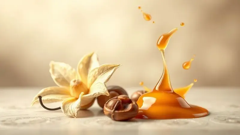 Ilustração artística das notas de baunilha, avelã e caramelo que compõem a fragrância gourmand de perfumes doces.