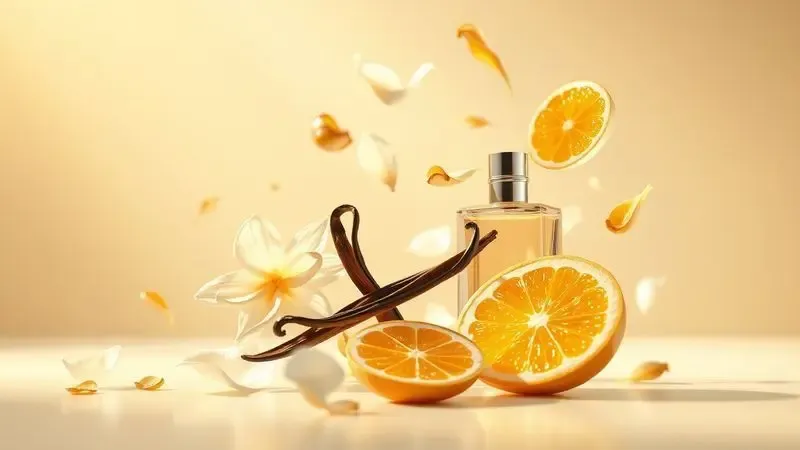 Ilustração 3D de pétalas de jasmim, fatias de cítricos e favas de baunilha representando as notas olfativas de um perfume feminino.