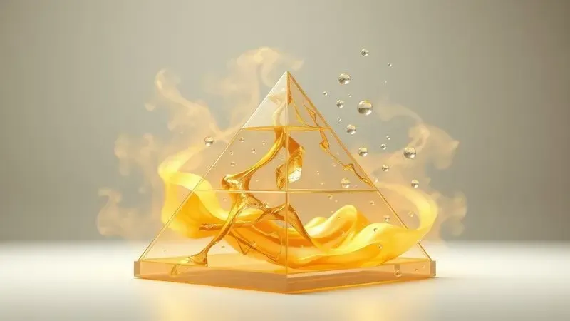 Representação abstrata em 3D das notas olfativas de um perfume luxuoso com bruma dourada e gotas de cristal simulando uma pirâmide.