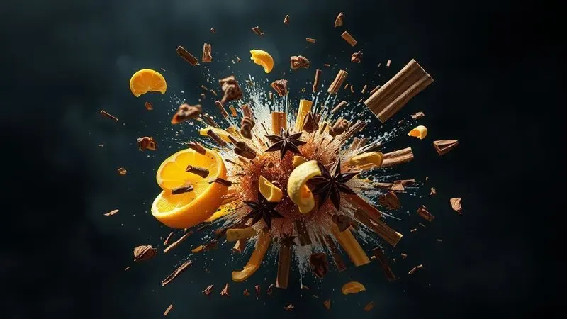 Explosão conceitual de ingredientes naturais como cítricos e madeiras representando as notas de saída, corpo e fundo de um perfume.