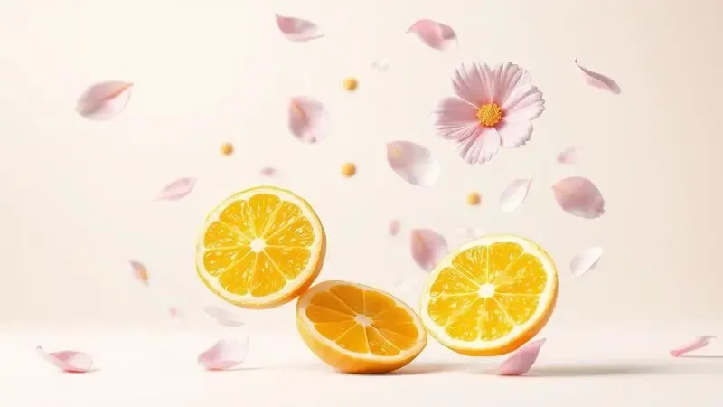 Ilustração digital conceitual de pétalas de flores e frutas cítricas flutuando, representando ingredientes de perfume.