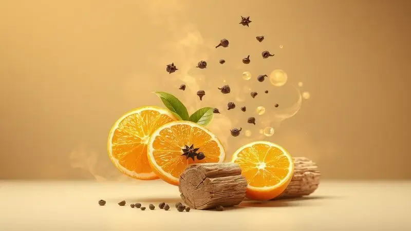 Representação artística das notas olfativas com elementos cítricos, especiarias e madeiras flutuando em uma névoa suave.