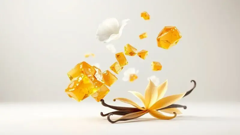 Ilustração 3D artística representando elementos olfativos como pétalas de flores brancas, resina de âmbar e favas de baunilha flutuando.