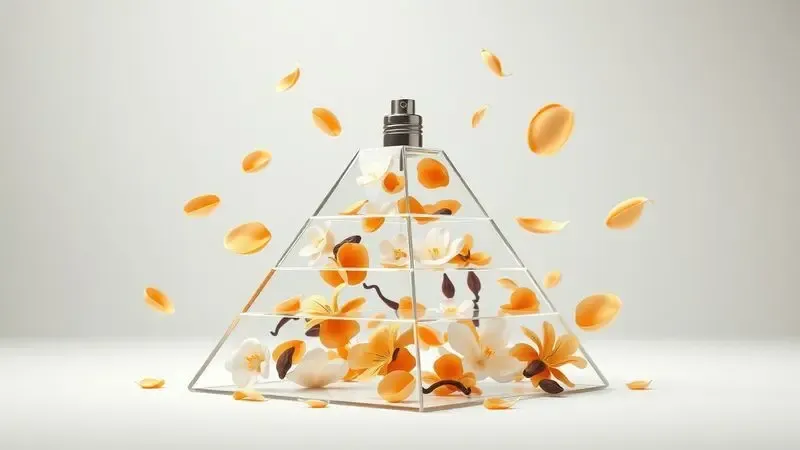 Ilustração 3D conceitual representando notas de flores brancas, cítricos e baunilha flutuando em um ambiente suave.