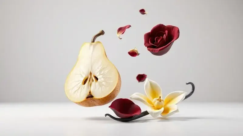 Ilustração 3D artística representando notas olfativas de pêra, rosas negras e baunilha flutuando em harmonia.