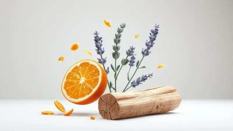 Ilustração 3D artística representando as notas de um perfume com elementos cítricos, especiarias e madeiras flutuando de forma harmoniosa.