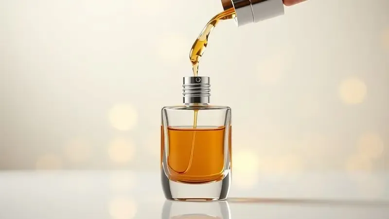Ilustração 3D conceitual de uma essência líquida sendo vertida em um frasco de perfume elegante e sem marca.