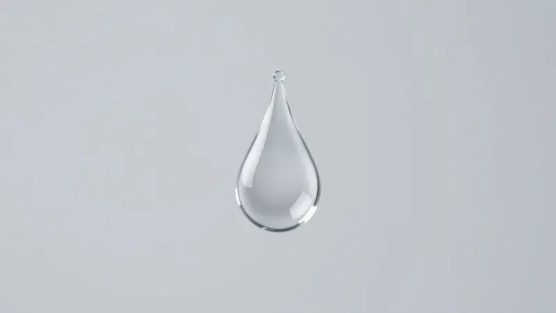 Ilustração 3D de uma gota de líquido transparente e viscoso representando o propilenoglicol puro em um fundo neutro.