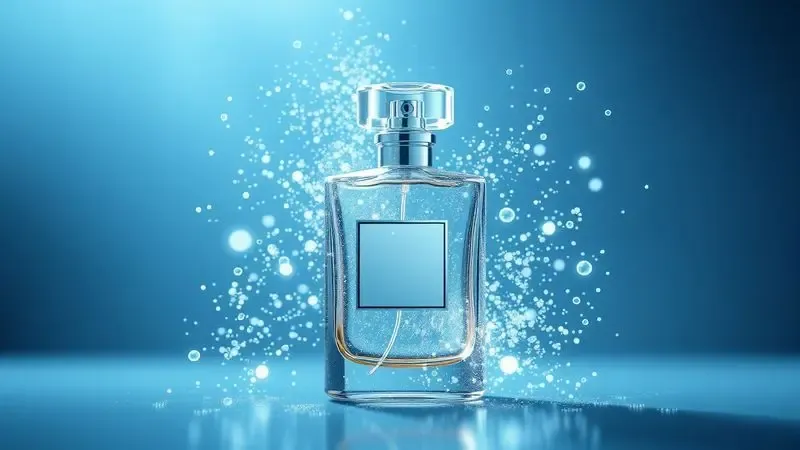 Representação artística digital da essência de um perfume masculino em tons de azul e prata com luzes suaves.