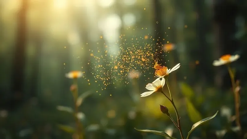 Ilustração digital de uma flor liberando partículas douradas brilhantes no ar, simbolizando feromônios naturais.