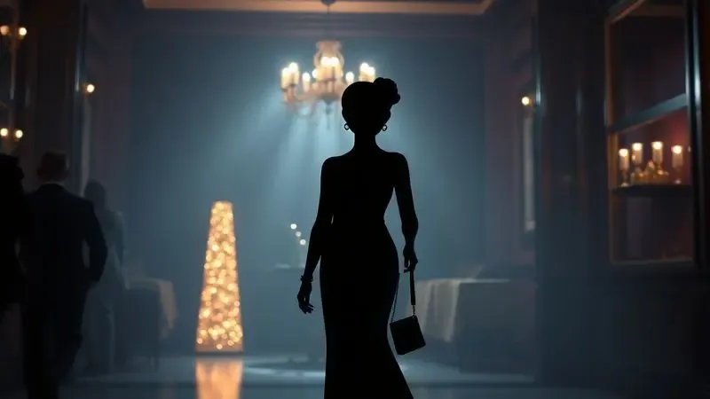 Renderização artística de um traje elegante e acessórios para uma ocasião especial, sugerindo sofisticação e mistério.