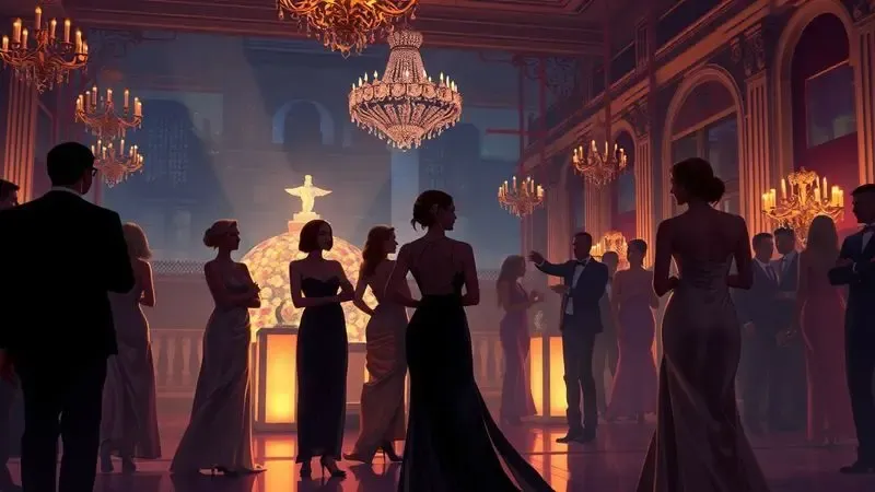 Ilustração de uma cena noturna sofisticada e romântica com silhuetas elegantes em um jantar de gala.