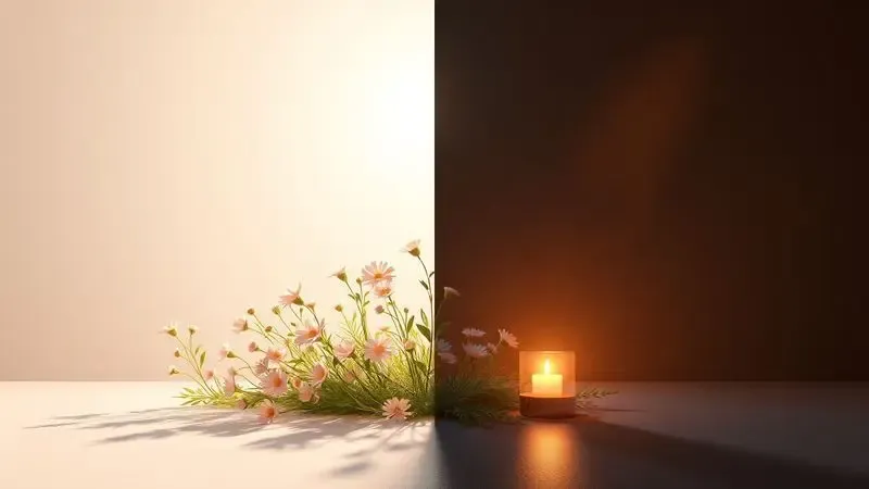 Renderização artística mostrando a versatilidade de uma fragrância em ambientes de dia e noite através de contrastes de luz.