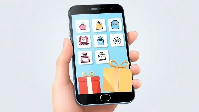 Ilustração moderna de compras online com ícones de perfumes e caixas de presente, representando a busca por descontos em fragrâncias.