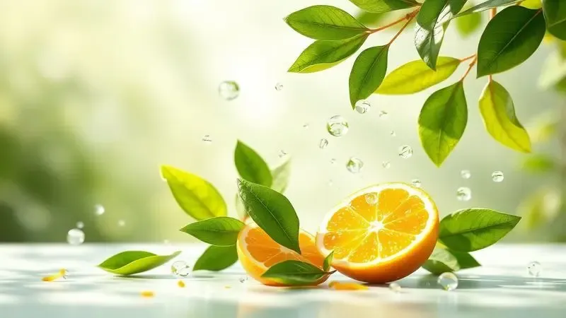 Ilustração 3D conceitual de notas olfativas frescas com folhas verdes e gotas de orvalho.