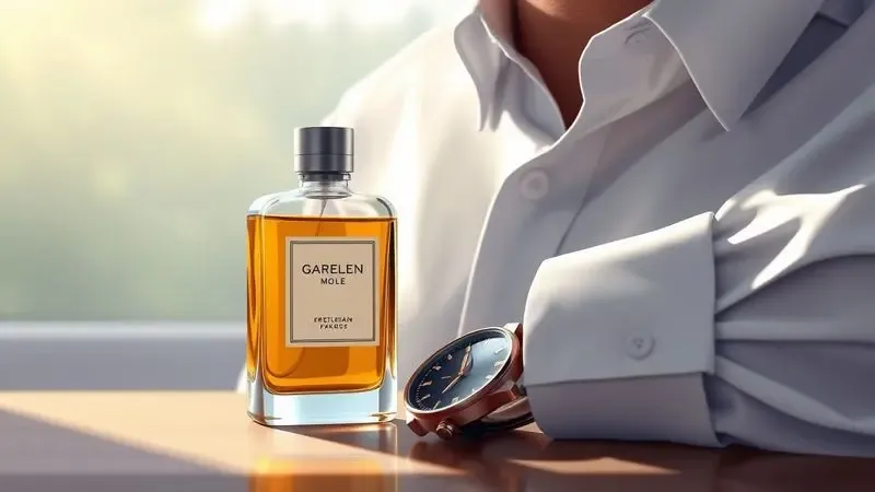 Ilustração digital de acessórios masculinos elegantes e um frasco de perfume genérico sobre uma superfície limpa.