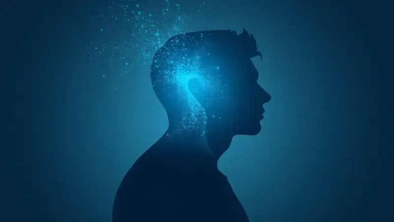 Ilustração digital mostrando a projeção e fixação de um perfume através de partículas luminosas em uma silhueta masculina minimalista.