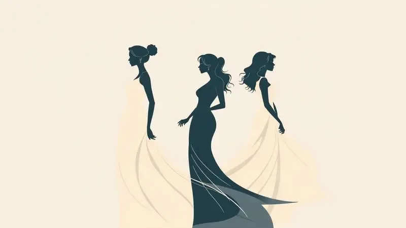 Ilustração conceitual minimalista com silhuetas femininas abstratas representando elegância atemporal e versatilidade.