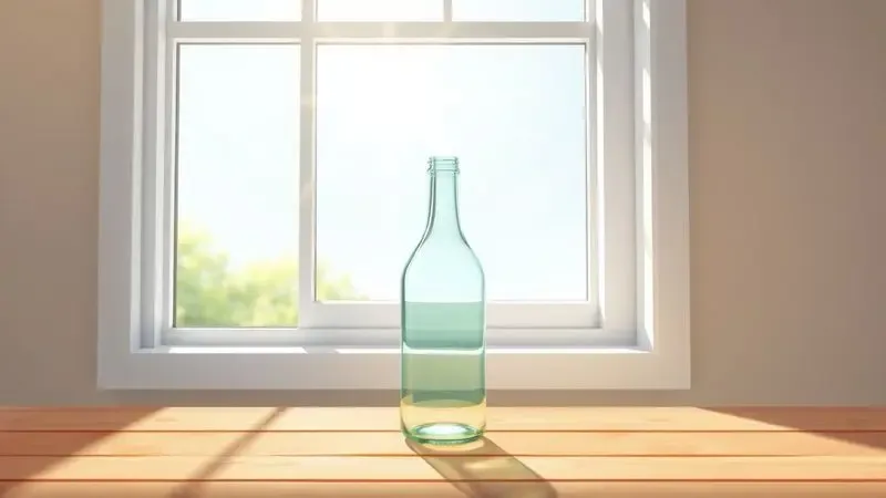 Ilustração digital de uma janela com luz matinal e um frasco de vidro simples, evocando frescor e uma rotina de beleza matinal.