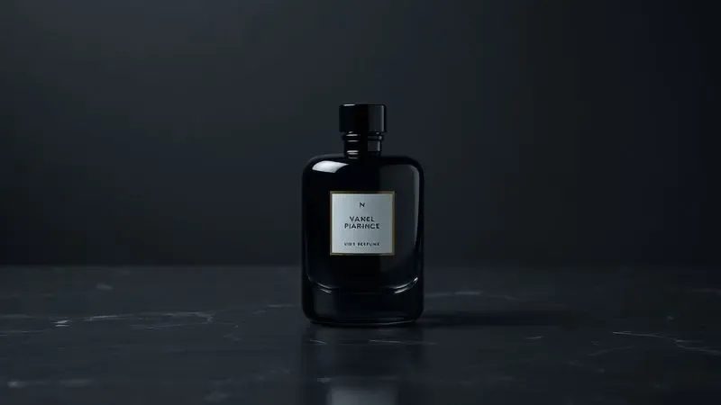 Ilustração 3D de um frasco de perfume luxuoso e minimalista em vidro escuro sobre uma superfície de mármore.