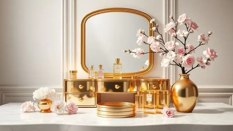 Renderização 3D de uma penteadeira luxuosa com detalhes dourados e flores, simbolizando fragrâncias femininas sofisticadas.