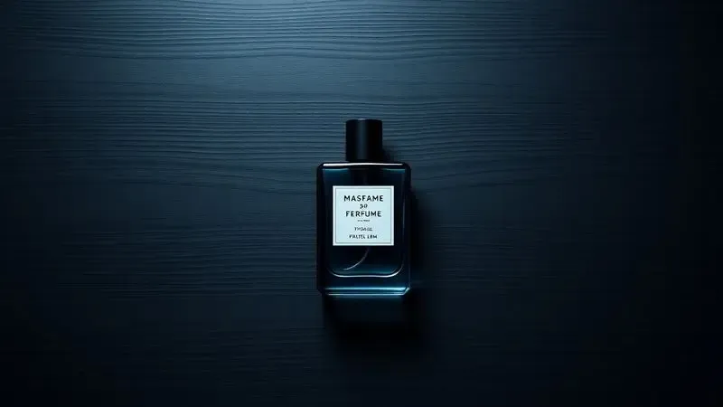 Renderização 3D de um perfume masculino minimalista sobre uma base de madeira escura com iluminação dramática.