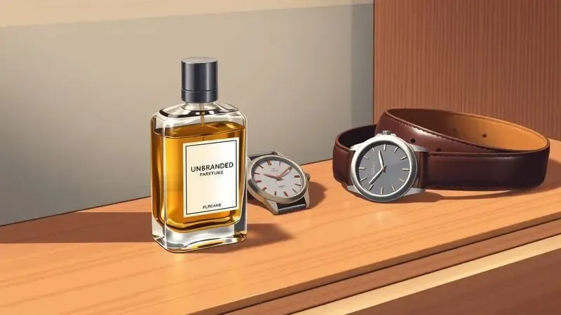 Ilustração de um perfume masculino sem marca compondo um cenário de estilo de vida sofisticado com relógio e acessórios.