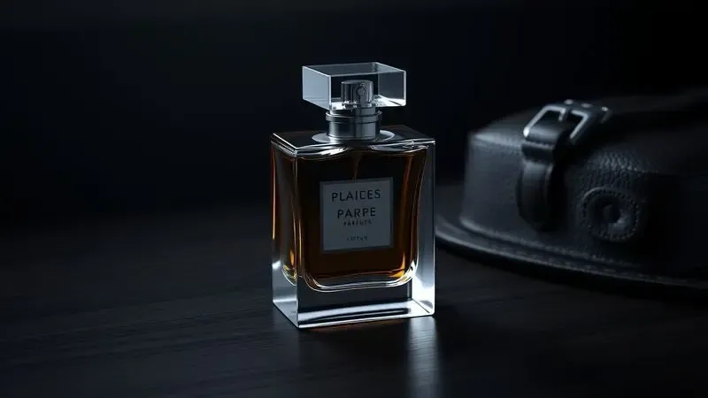 Frasco de perfume masculino robusto em uma superfície de madeira escura com couro, sugerindo fragrâncias marcantes.