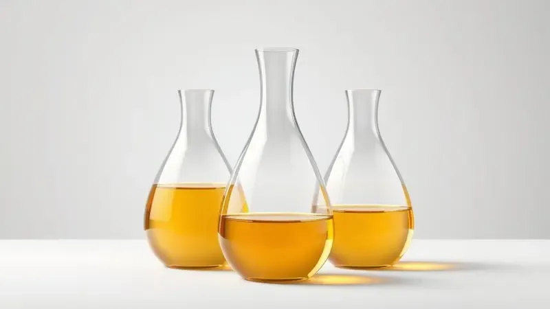 Ilustração 3D mostrando diferentes níveis de concentração de fragrância em frascos abstratos dispostos de forma equilibrada.