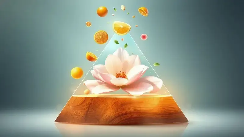 Representação artística de uma pirâmide olfativa com camadas de frutas, flores e madeiras nobres.