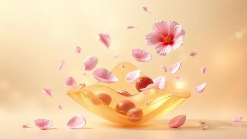 Ilustração 3D conceitual representando camadas de fragrância com pétalas de flores e frutas flutuando em uma névoa suave.