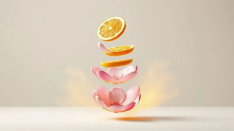 Ilustração 3D artística representando as camadas de uma pirâmide olfativa com elementos cítricos e florais flutuando.
