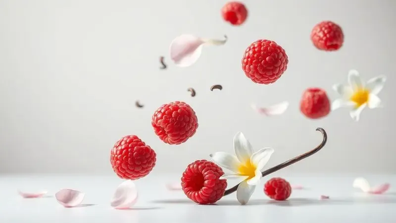 Ilustração artística de framboesas, flores de jasmim e baunilha representando a pirâmide olfativa de um perfume.