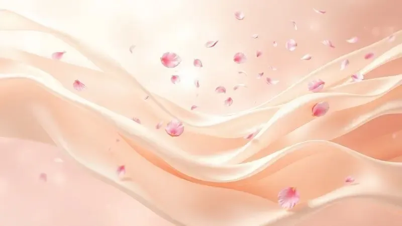 Ilustração conceitual de camadas de fragrância com pétalas e fitas de seda representando notas olfativas.