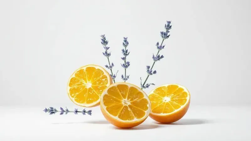 Composição 3D de ingredientes de perfumaria como fatias de citrinos e ramos de lavanda em estilo minimalista.