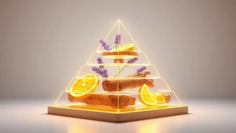 Ilustração 3D de uma pirâmide olfativa mostrando camadas de notas cítricas e amadeiradas flutuantes.