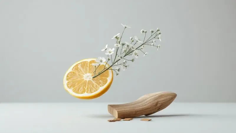 Representação artística em 3D dos ingredientes de um perfume, incluindo limão e flores brancas.