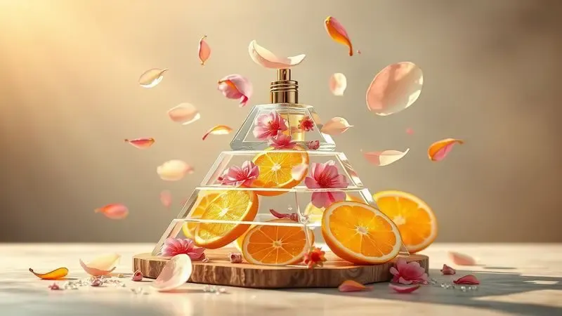 Ilustração conceitual de uma pirâmide olfativa com flores, frutas cítricas e elementos amadeirados flutuantes.