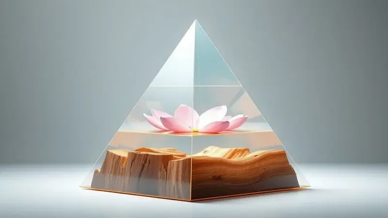 Ilustração digital artística de uma pirâmide olfativa com camadas de notas cítricas, florais e amadeiradas.